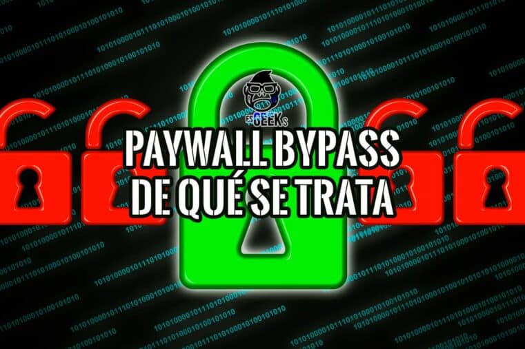 Imagen gráfica que representa un paywall bypass con candados rotos y código binario.