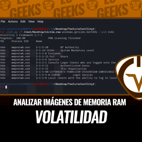 Captura de pantalla mostrando el uso de la herramienta Volatilidad para analizar una imagen de memoria RAM.