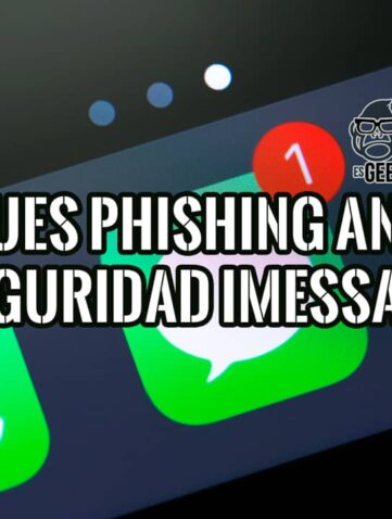 Imagen de un iPhone mostrando iconos de iMessage con texto sobre ataques de phishing.
