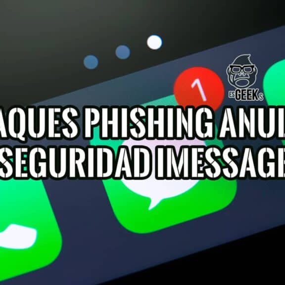 Imagen de un iPhone mostrando iconos de iMessage con texto sobre ataques de phishing.