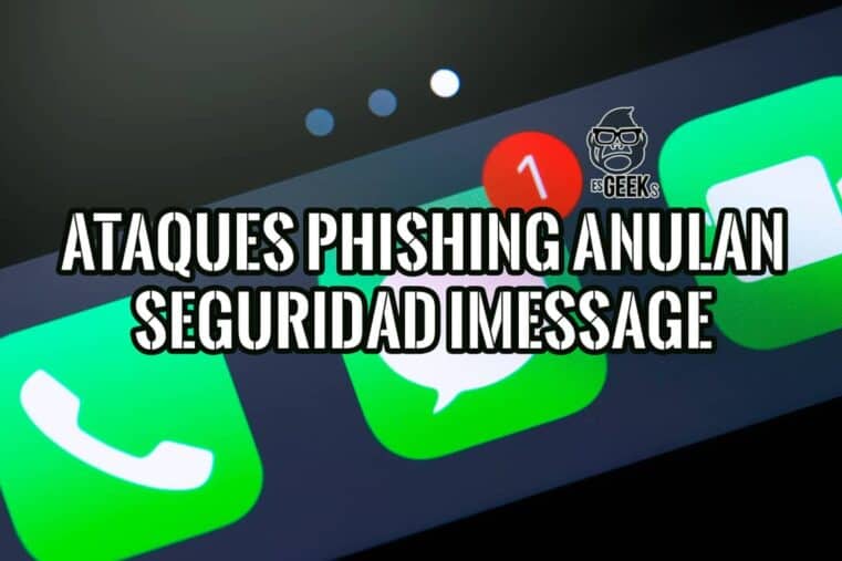 Imagen de un iPhone mostrando iconos de iMessage con texto sobre ataques de phishing.