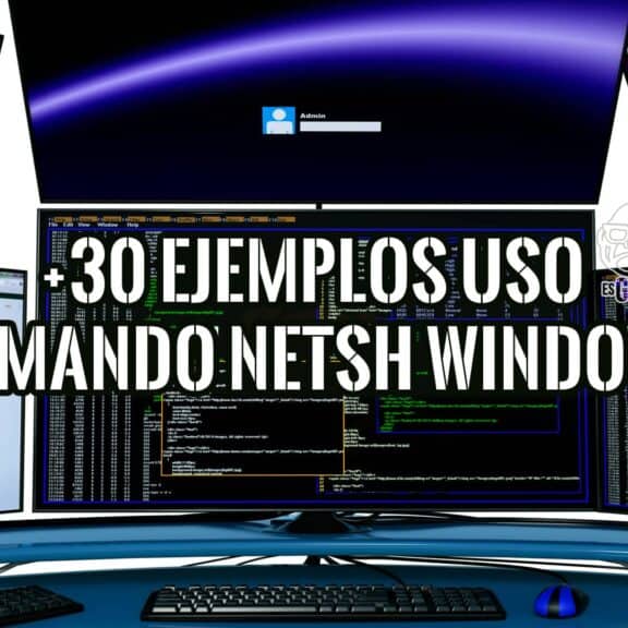 Imagen de múltiples monitores mostrando ejemplos de código del comando netsh en Windows.