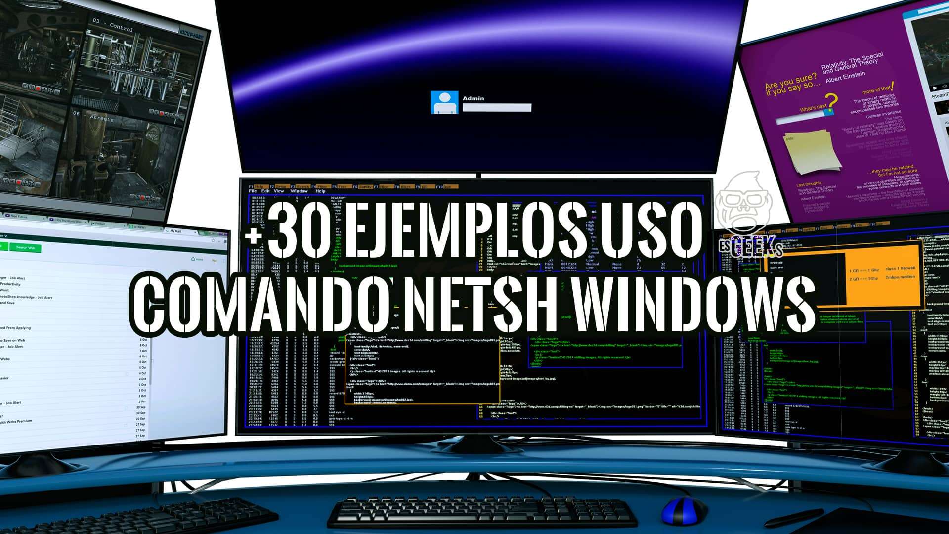 Imagen de múltiples monitores mostrando ejemplos de código del comando netsh en Windows.