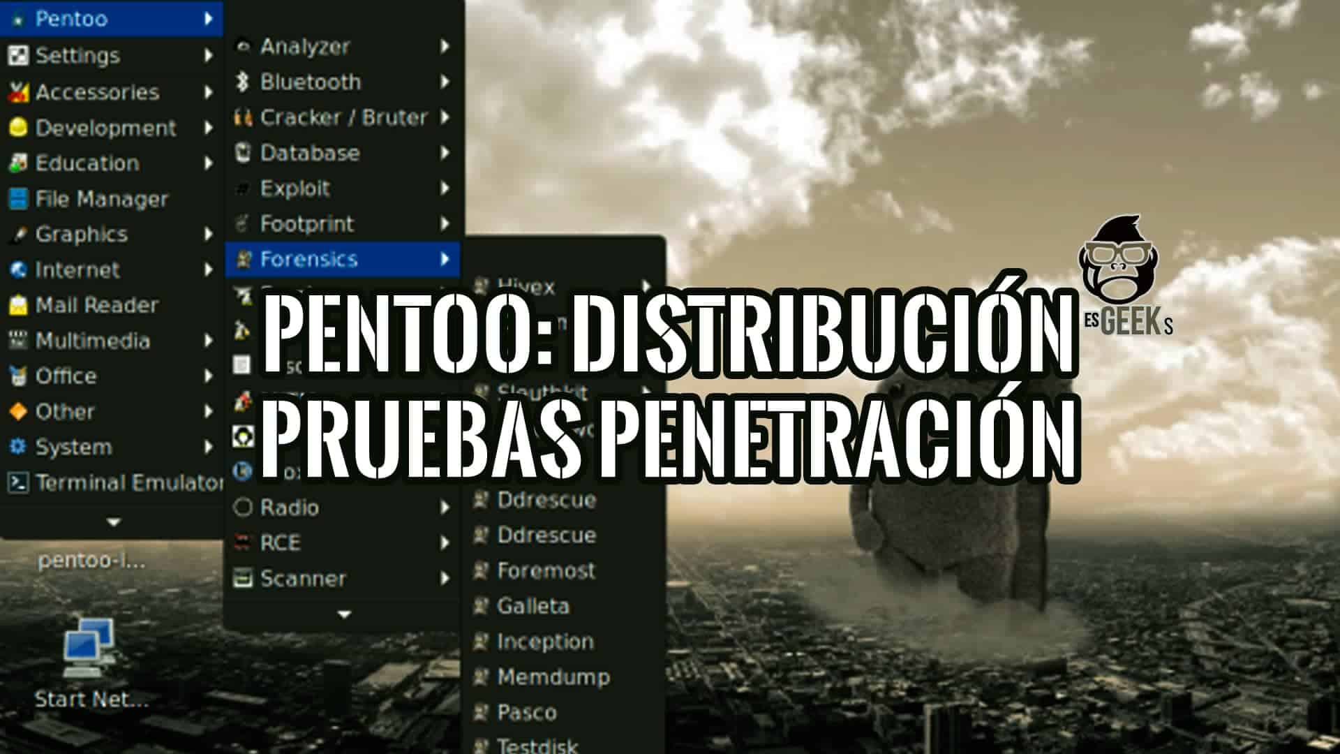 Captura de pantalla del menú de inicio de Pentoo, una distribución Linux para pruebas de penetración.