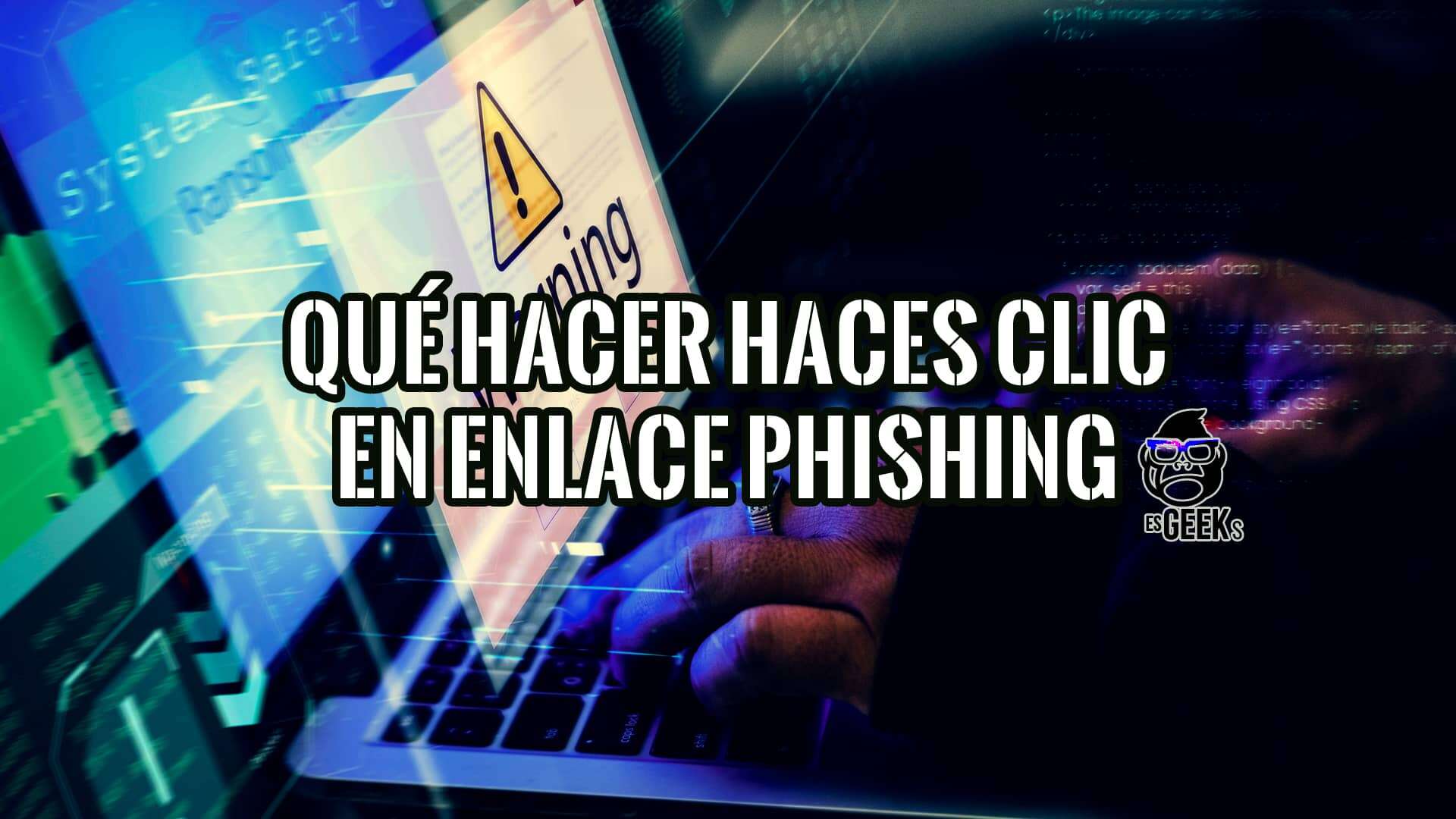 Manos sobre un teclado de portátil con una alerta de phishing en la pantalla.