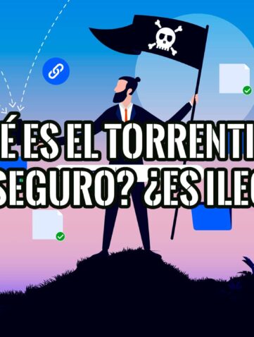 Ilustración de un hombre con una bandera pirata sobre una montaña, representando el torrenting.