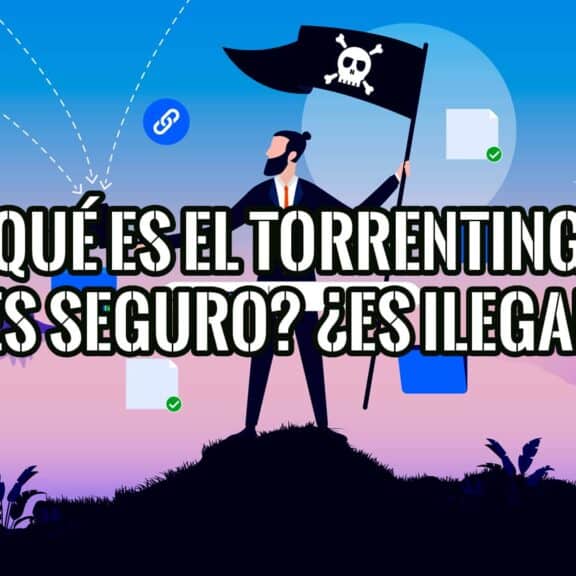 Ilustración de un hombre con una bandera pirata sobre una montaña, representando el torrenting.