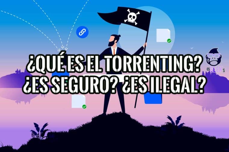 Ilustración de un hombre con una bandera pirata sobre una montaña, representando el torrenting.