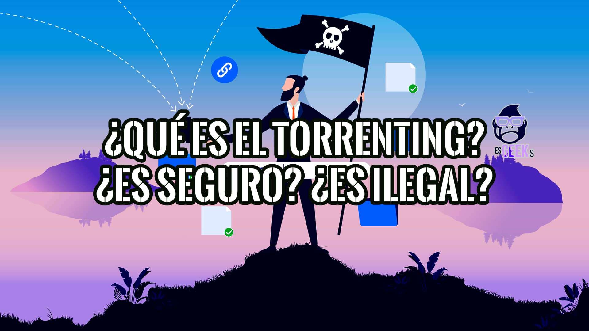 Ilustración de un hombre con una bandera pirata sobre una montaña, representando el torrenting.