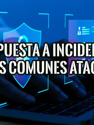 Imagen de manos escribiendo en un portátil con elementos gráficos que representan la respuesta a incidentes de seguridad informática.