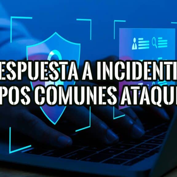 Imagen de manos escribiendo en un portátil con elementos gráficos que representan la respuesta a incidentes de seguridad informática.