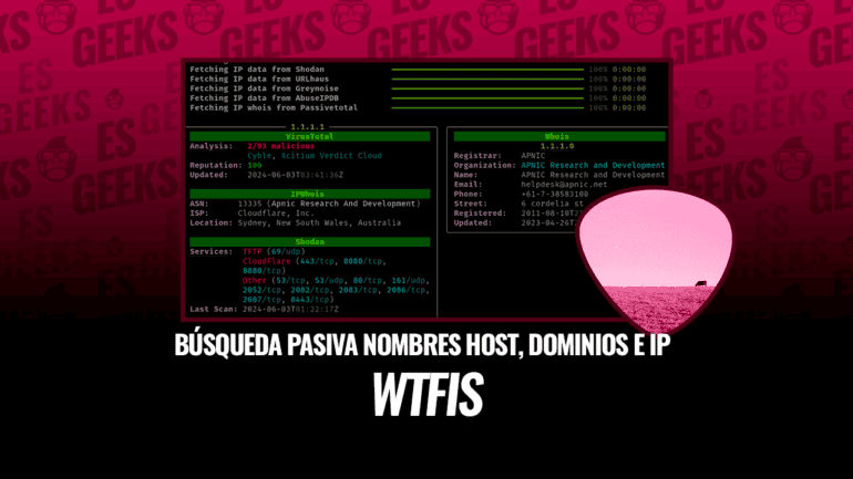 Resultados de la herramienta WTFIS mostrando información de host, dominio e IP.