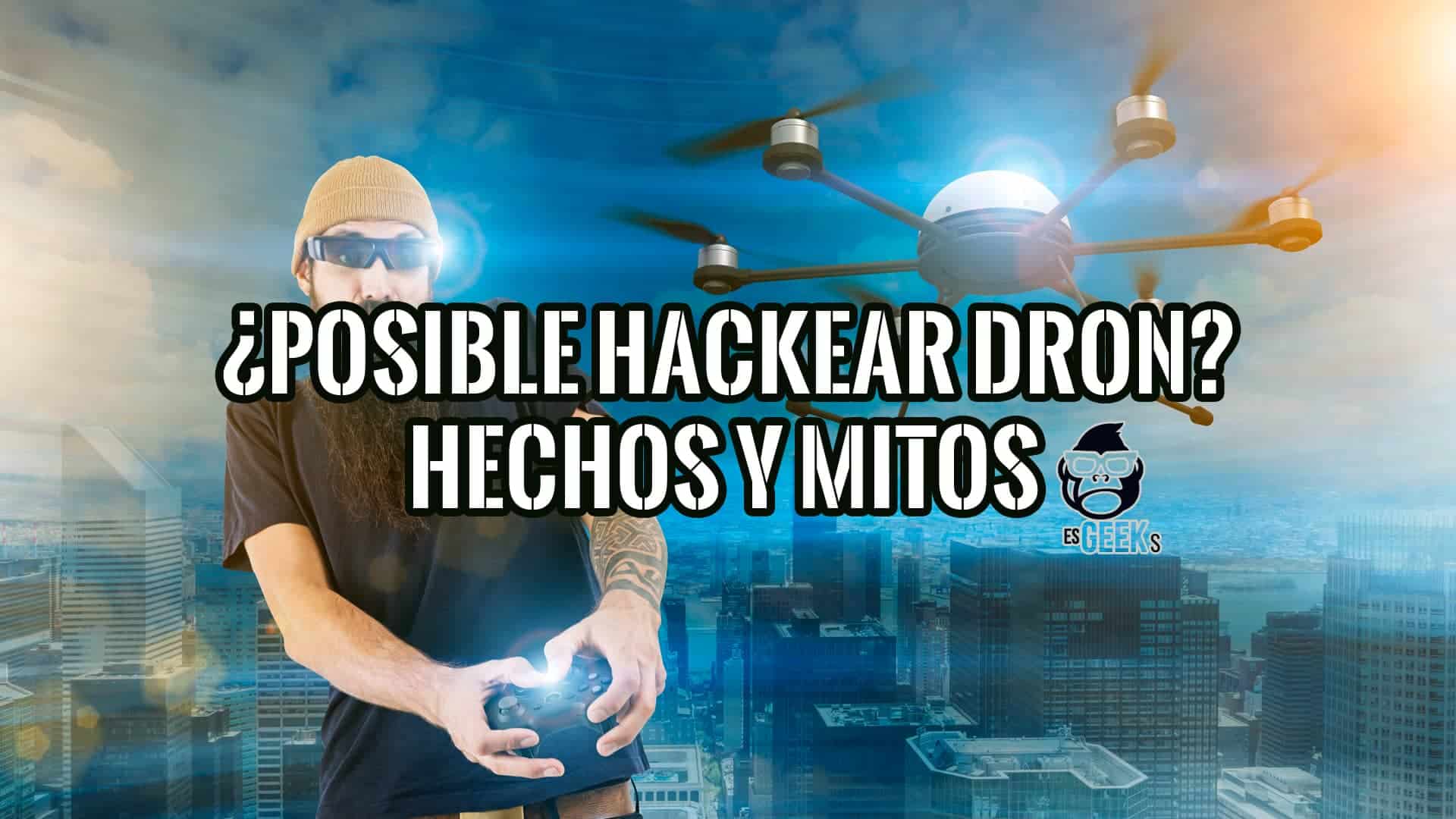 Un hombre con un mando de dron frente a una imagen de un dron volando sobre una ciudad. Seguridad de drones.