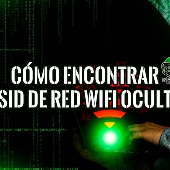 Imagen de una persona usando un ordenador portátil en un entorno oscuro con código binario en el fondo, junto al texto "Cómo encontrar SSID de red WiFi oculta".