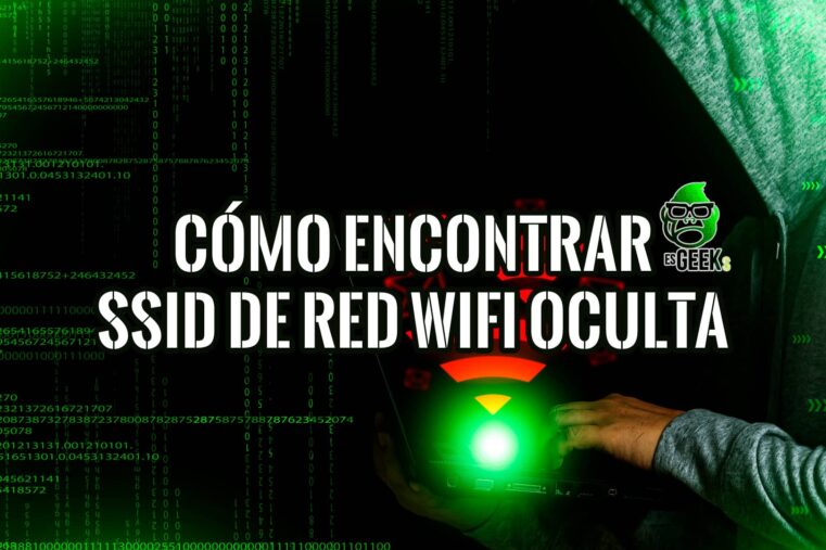 Imagen de una persona usando un ordenador portátil en un entorno oscuro con código binario en el fondo, junto al texto "Cómo encontrar SSID de red WiFi oculta".