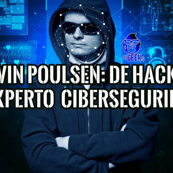 Imagen de Kevin Poulsen, con un estilo visual que representa la tecnología y la ciberseguridad, con un fondo de pantallas de ordenador y código.