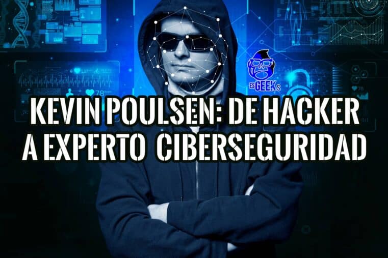 Imagen de Kevin Poulsen, con un estilo visual que representa la tecnología y la ciberseguridad, con un fondo de pantallas de ordenador y código.