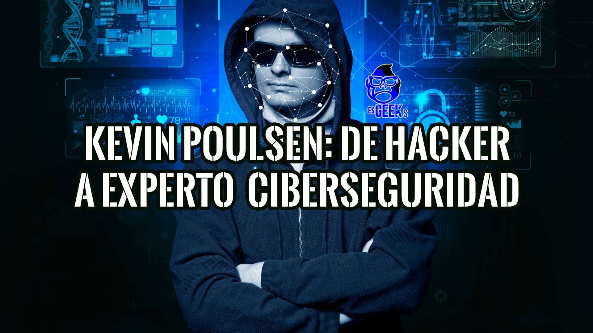 Imagen de Kevin Poulsen, con un estilo visual que representa la tecnología y la ciberseguridad, con un fondo de pantallas de ordenador y código.