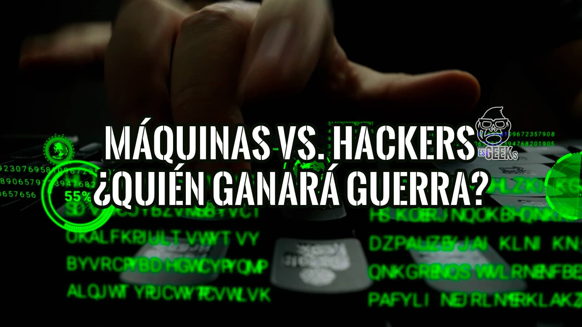 Imagen de manos sobre un teclado con código verde en la pantalla, ilustrando la lucha entre la inteligencia artificial y los hackers.