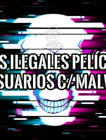Imagen gráfica con un cráneo glitch y texto que advierte sobre un millón de infecciones de malware a través de sitios web ilegales de películas.