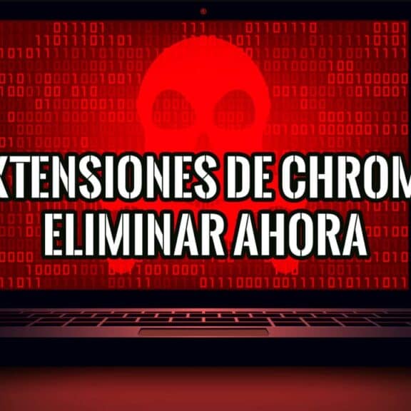 Imagen de un portátil con una calavera roja sobre un fondo de código binario, con el texto "Extensiones de Chrome Eliminar Ahora".