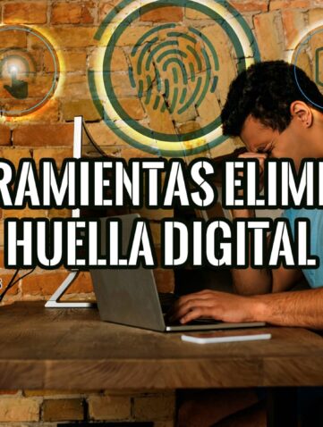Hombre trabajando en un ordenador portátil con iconos de privacidad en la imagen.