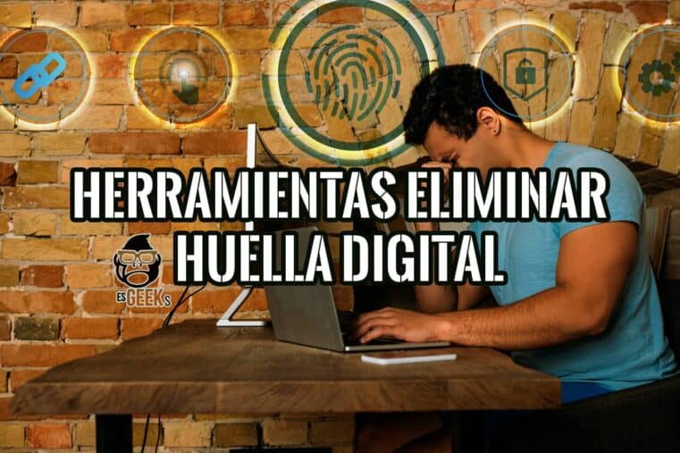 Hombre trabajando en un ordenador portátil con iconos de privacidad en la imagen.
