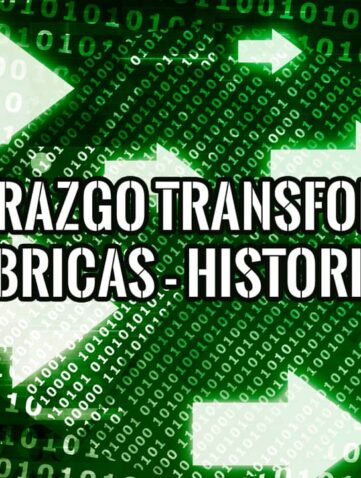 Imagen abstracta con código binario y flechas direccionales, superpuesta con el texto "LIDERAZGO TRANSFORMA FÁBRICAS - HISTORIAS".