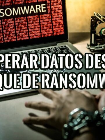 Imagen de un portátil con la palabra "Ransomware" en la pantalla, un disco duro con cadenas y unas manos atadas con cadenas.