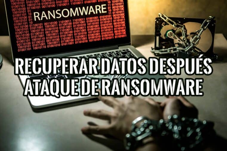 Imagen de un portátil con la palabra "Ransomware" en la pantalla, un disco duro con cadenas y unas manos atadas con cadenas.