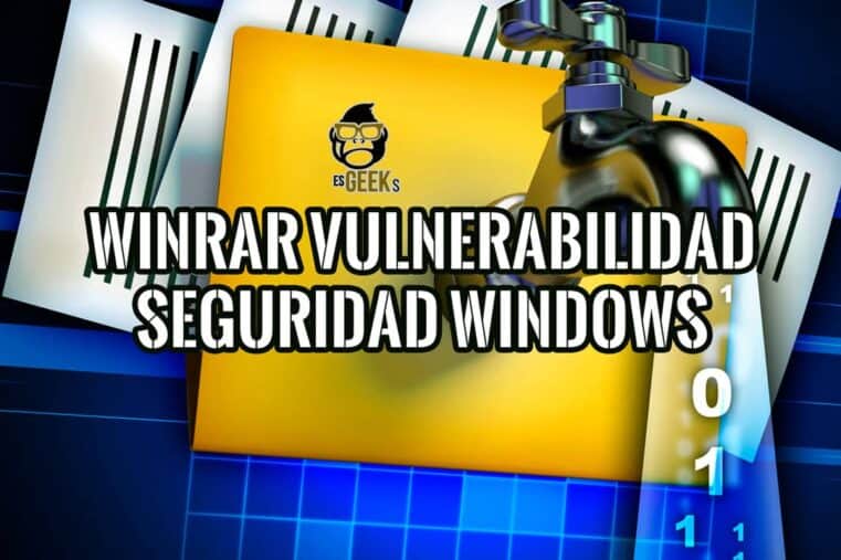 Imagen que representa una vulnerabilidad en WinRAR que permite eludir la seguridad de Windows, con elementos gráficos que simbolizan una fuga de datos.