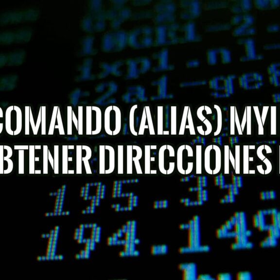 Imagen con texto sobre un fondo de código que describe cómo crear un comando o alias myip para obtener rápidamente información de direcciones IP en sistemas Linux y Windows.
