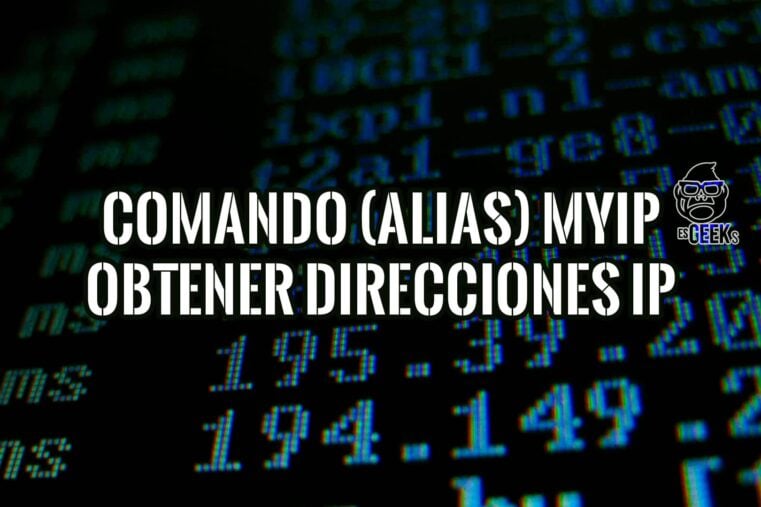 Imagen con texto sobre un fondo de código que describe cómo crear un comando o alias myip para obtener rápidamente información de direcciones IP en sistemas Linux y Windows.