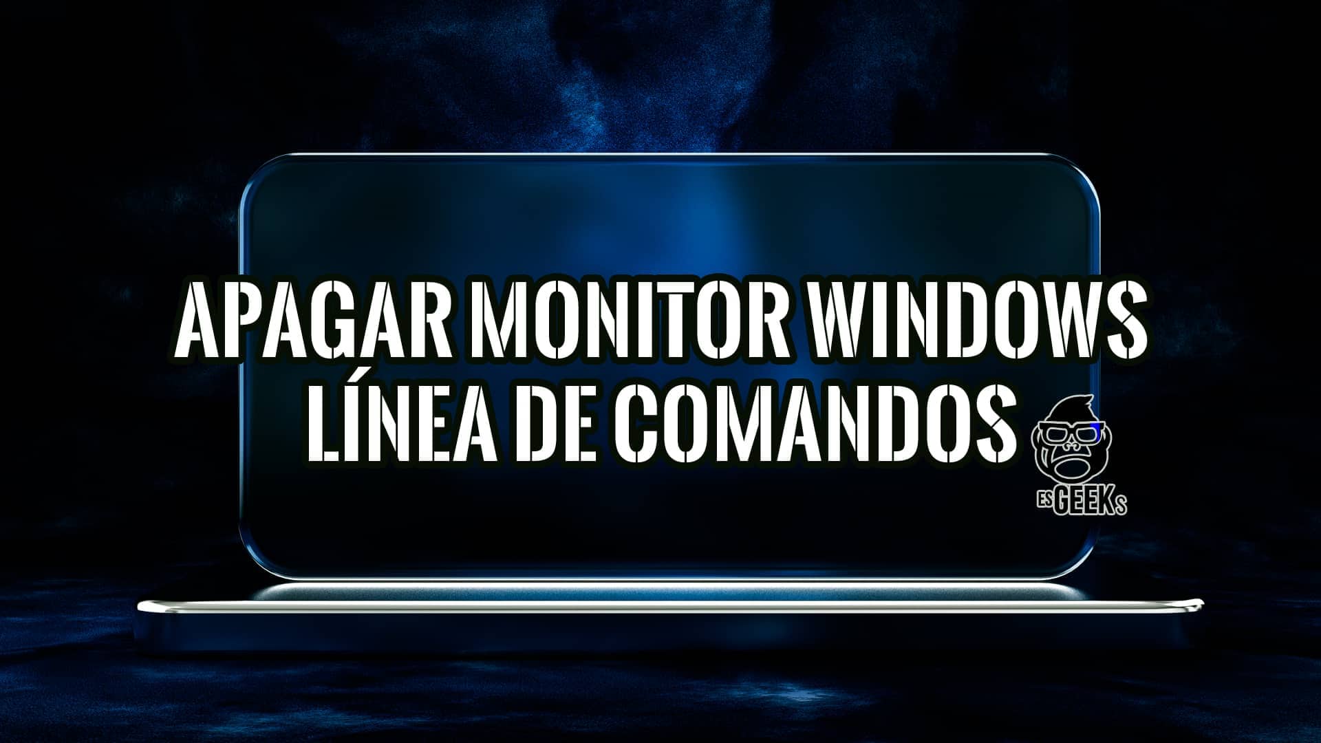 Imagen de una pantalla de computadora oscura con texto en blanco que dice "APAGAR MONITOR WINDOWS LÍNEA DE COMANDOS". Ideal para tutoriales de línea de comandos en Windows.