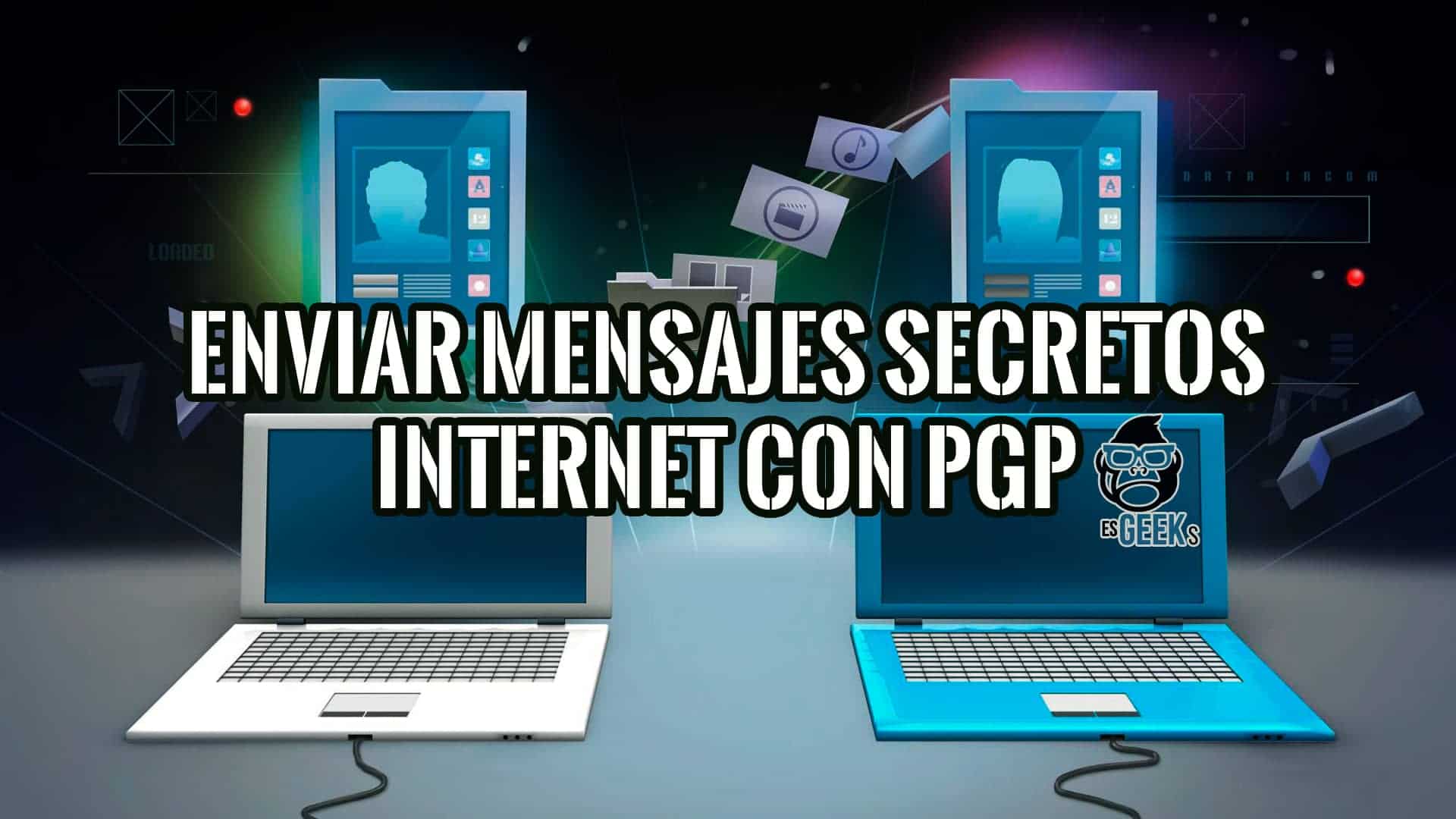 Dos ordenadores portátiles intercambiando datos de forma segura mediante PGP.