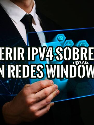 Hombre de negocios sosteniendo una pantalla transparente con iconos de red y el texto "Preferir IPv4 sobre IPv6 en Redes Windows", simbolizando la configuración de red.