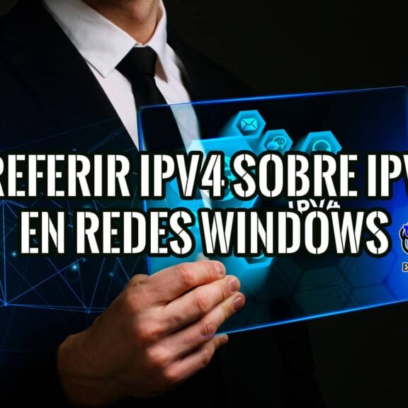 Hombre de negocios sosteniendo una pantalla transparente con iconos de red y el texto "Preferir IPv4 sobre IPv6 en Redes Windows", simbolizando la configuración de red.