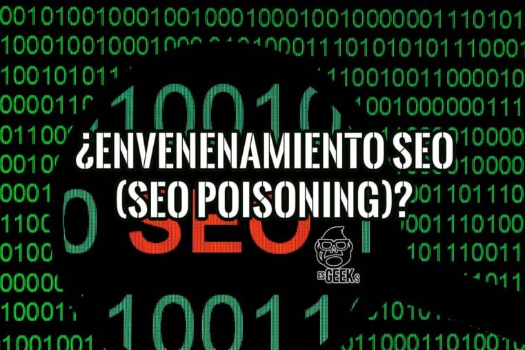 Fondo de código binario con la pregunta "¿Envenenamiento SEO (SEO Poisoning)?" en letras blancas sobre un fondo digital.