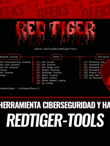 Captura de pantalla de la interfaz de RedTiger-Tools, una multi-herramienta gratuita para ciberseguridad y hacking ético, mostrando un menú con diversas funciones.