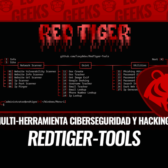 Captura de pantalla de la interfaz de RedTiger-Tools, una multi-herramienta gratuita para ciberseguridad y hacking ético, mostrando un menú con diversas funciones.