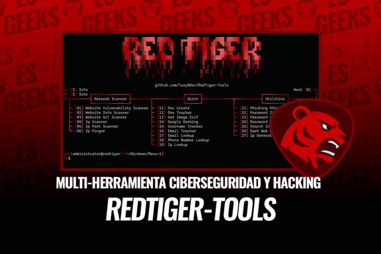 Captura de pantalla de la interfaz de RedTiger-Tools, una multi-herramienta gratuita para ciberseguridad y hacking ético, mostrando un menú con diversas funciones.