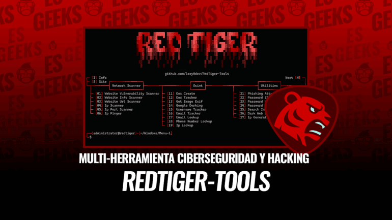 Captura de pantalla de la interfaz de RedTiger-Tools, una multi-herramienta gratuita para ciberseguridad y hacking ético, mostrando un menú con diversas funciones.