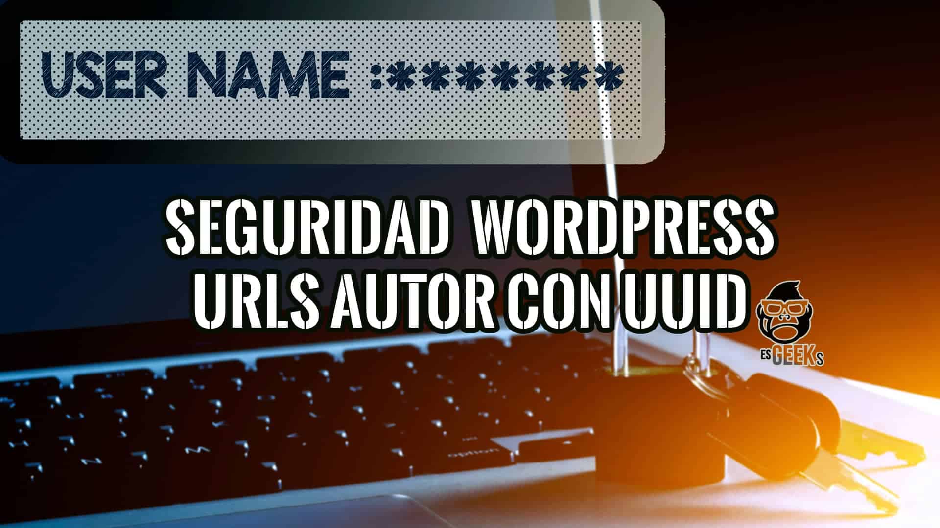 Imagen de un portátil con un candado y llaves, y el texto "USER NAME" junto a "SEGURIDAD WORDPRESS URLS AUTOR CON UUID", simbolizando la protección de URLs de autor en WordPress mediante UUIDs.