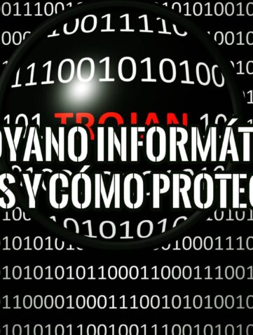 Lupa sobre código binario mostrando la palabra "TROJAN" en rojo, con el texto superpuesto "TROYANO INFORMÁTICO QUÉ ES Y CÓMO PROTEGERTE", representando una amenaza de malware.