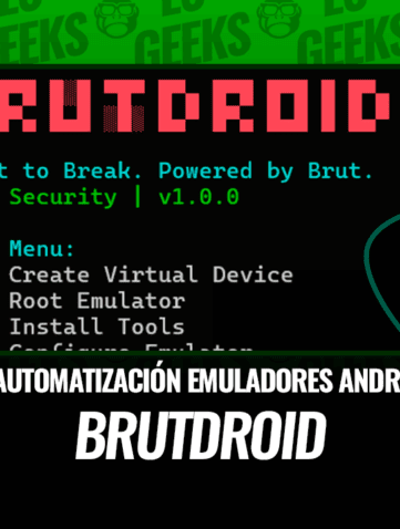 Captura de pantalla del menú principal de BrutDroid v1.0.0, un kit de automatización para emuladores Android, mostrando las opciones disponibles para crear dispositivos virtuales, rootear emuladores e instalar herramientas. Incluye el logo de Brut Security.