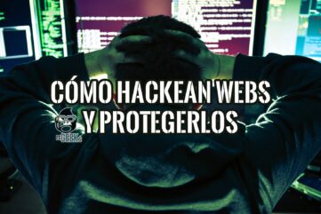 Imagen de una persona sentada frente a múltiples monitores mostrando código, con las manos en la cabeza, expresando estrés o preocupación. Sobre la imagen, el texto "Cómo Hackean Webs y Protegerlos".