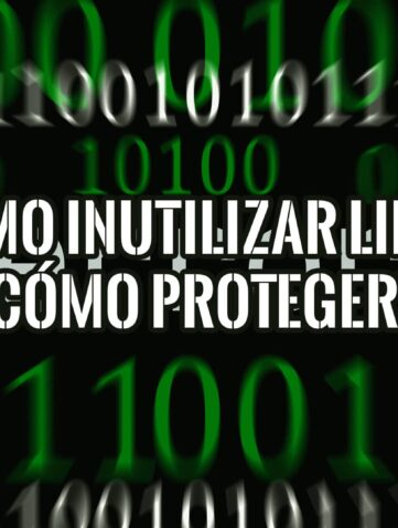 Fondo de código binario verde y negro con texto superpuesto: 'Cómo Inutilizar Linux y Cómo Protegerte