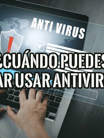 Imagen de manos escribiendo en un portátil con una superposición gráfica que pregunta "¿Cuándo puedes dejar de usar antivirus?" y muestra íconos de seguridad.