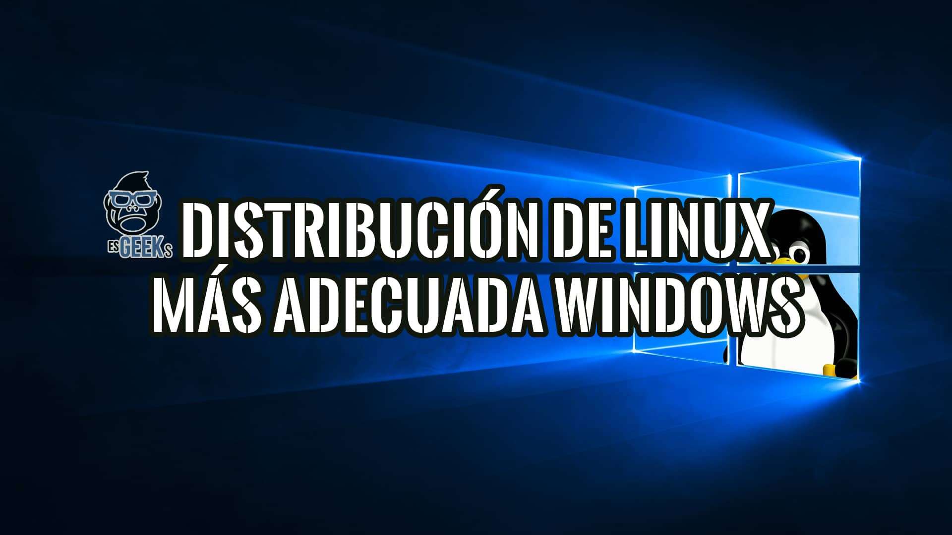 Imagen que muestra la pantalla de inicio de sesión de Windows con un pingüino de Linux en una ventana. El texto 'DISTRIBUCIÓN DE LINUX MÁS ADECUADA WINDOWS' se superpone a la imagen.