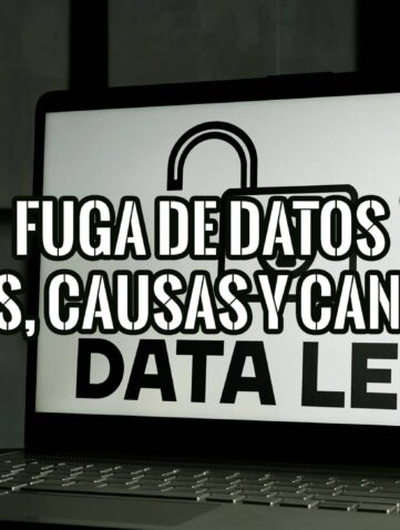 Un portátil muestra una pantalla con el texto 'Fuga de Datos: Tipos, Causas y Canales' y 'Data Leak', junto al logo de esGeeks. La imagen sugiere un artículo o recurso sobre seguridad de datos.